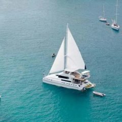 Luxury Sailing & Motor Catamaran under sail from above